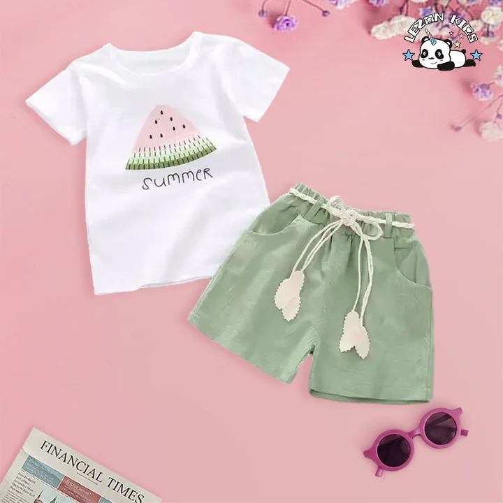 LEZONKIDS - Conjunto de Roupas de Verão para Meninas de 5-8 Anos com Estampa de Melancia, Camiseta de Manga Curta e Shorts, 2 Peças, Conjuntos de Roupas para Crianças